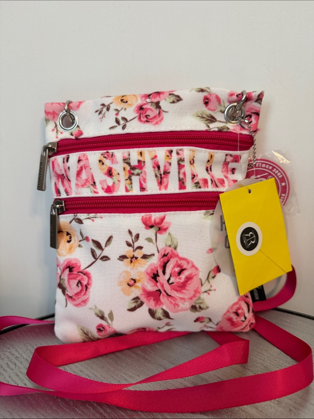 Robin Ruth Pink Floral Canvas Crossbody with Dual Zippers